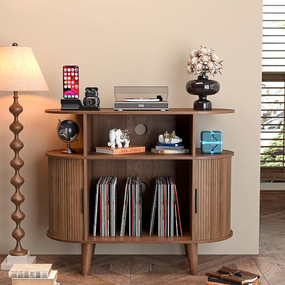 Large Round Record Player Stand with Charging Station & USB Ports，Record Storage Cabinet, Mid Century Modern Turntable Stand for Bedroom Living Room (Small Brown)