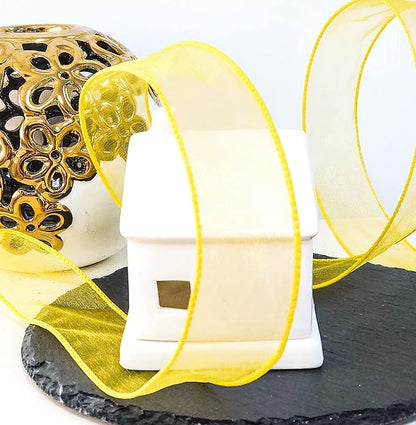 CT CRAFT LLC Sheer Organza Wired Ribbon 1.5" x 50Yards Yellow for Wedding Chair Bow Flora Bouquet Gift Wrapping Christmas Tree Home Decor Wreath