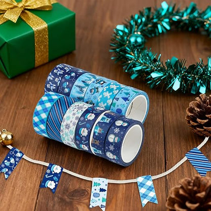 12 Rolls Winter Washi Tape Set Blue White Snowflake Snowman Holiday Masking Tape Xmas Tree Reindeer Penguin Holiday Decorative Tapes for Scrapbook Journal DIY Craft Gift Wrapping Party Decor 16.4FT