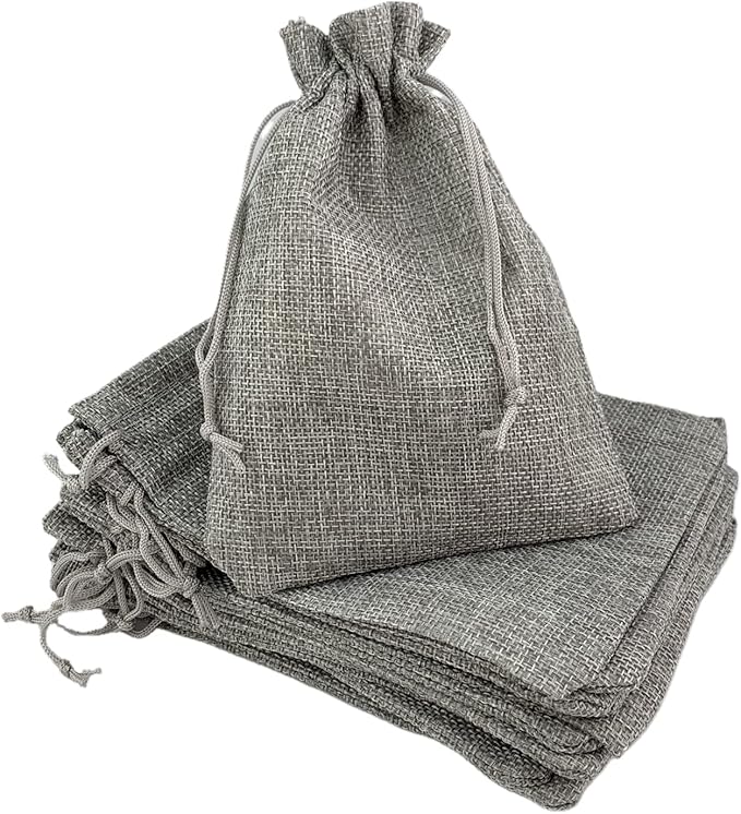 Palmhomee Pack of 25 Burlap Gift Bags with Drawstring Linen Jewelry Pouches Wedding Hessian Jute Bags for Birthday Jewelry and Treat Pouches Party Wedding Favors Gift Art and DIY Craft (5x7 Inch, Gray)