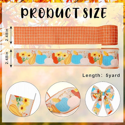 2 Rolls Fall Pumpkins Leaves Ribbons for Bows, Thanksgiving Wired Edge Ribbon Orange Buffalo Plaid Burlap Ribbons for Gift Wrapping Autumn Thanksgiving Decoration Supplies