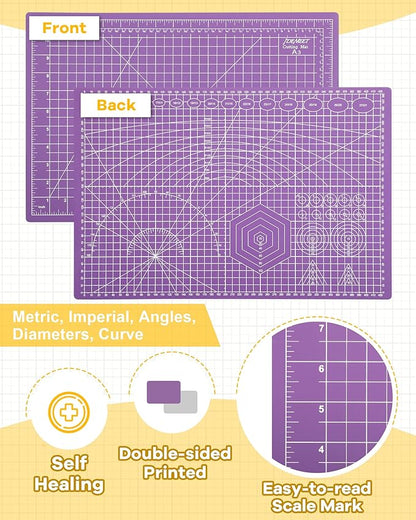 Thickened 18"x12" Self Healing Cutting Mat, Idemeet Rotary Cutting Sewing Mat for Crafts, 5-Ply Blade Table Protector Cut Board for Fabric Leather Cutting Quilting Modeling Hobby Project, A3, Purple