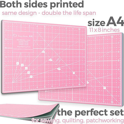 Rotary Cutter Set - Quilting Kit incl. 45mm Fabric Cutter, 5 Replacement Blades, A4 Cutting Mat, Acrylic Ruler and Craft Clips - Ideal for Crafting, Sewing, Patchworking, Crochet & Knitting (Pink, A4)