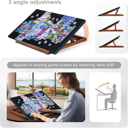 Tektalk Foldable Jigsaw Puzzle Board with 3 Angle Adjustable Bracket/Stand, Lightweight Portable Puzzle Mat Plateau with Wooden Easel, Foldaway Felt Puzzle Table, for Up to 1000 Pieces - Black