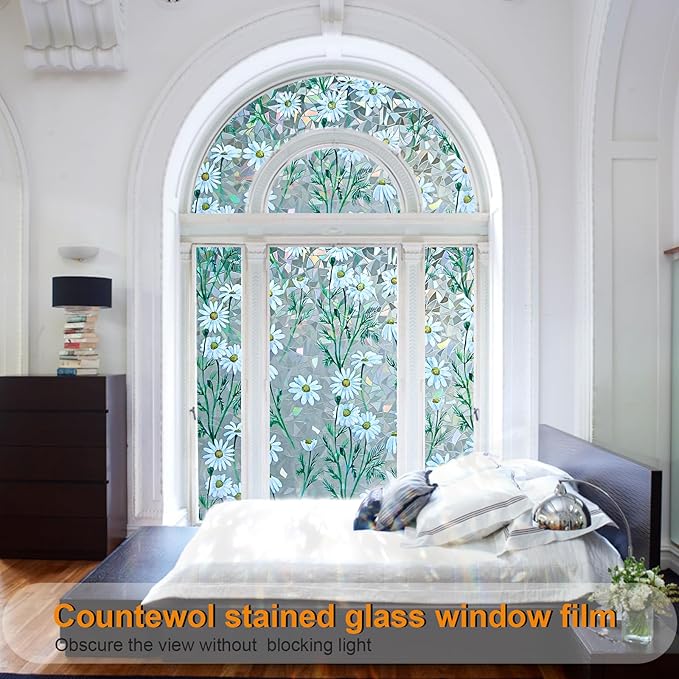 Window Privacy Film Stain Glass Window Film Rainbow Window Film Window clings Non-Adhesive Reusable Decorative for Room (Daisy Rainbow, 23.6 x 78.7 in)