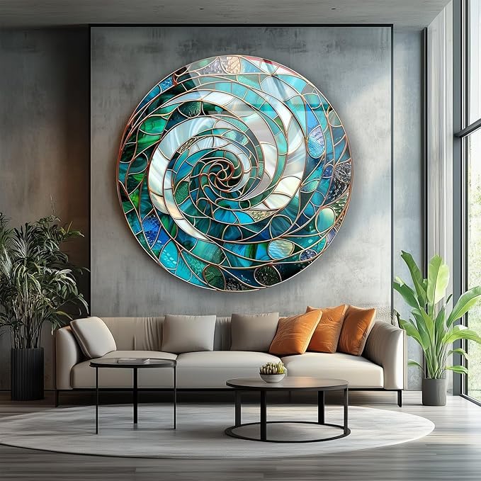 My Photostation.com 27.5''(70cm) Diameter Aqua Spiral Harmony Round Glass Wall Art Tempered Glass Printing Wall Decor Large Wall Art Wall Hangings