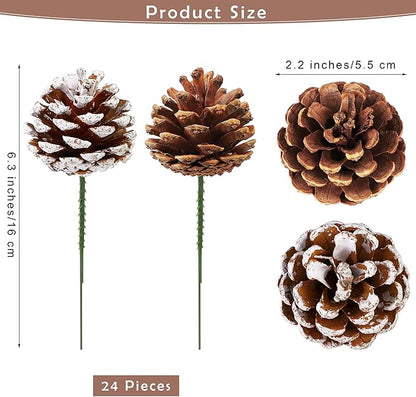 Fovths 24 Pieces Christmas Pine Cones Pick Pinecones Ornament Christmas Tree Decoration 2.4-3.1 Inches Pine Cones for Home Party Christmas Crafts (White, Natural)