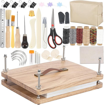 50 Pcs Book Binding Kits, 15"x11.4" Inch Wooden Book Press，Books Binding Materials, with Bone Folder, Awl, Needles for DIY Bookbinding, BookRepair, Handmade Crafts
