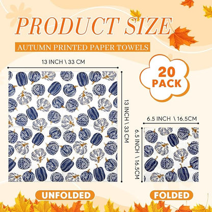 Crtiin 20 Pack Fall Decoupage Napkins Autumn Napkins Floral Pumpkin Maple Leaf Decorative Paper for Thanksgiving Harvest Birthday Party Beautiful Gorgeous, 20 Styles Each 6.5 Inches