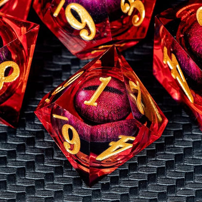 ARUOHHA DND Dragon Eye Dice Liquid Core Red Resin Sharp Edged Dice with Gift Box, Polyhedral D and D Dice Set Handmade Role Playing Game D20 D12 D10 D8 D6 D4