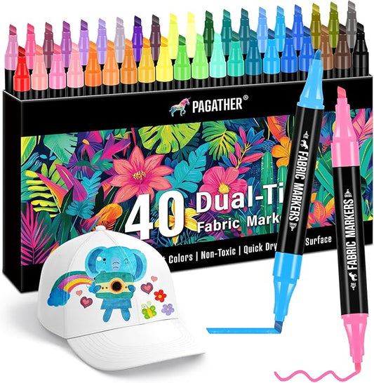 Fabric Markers Permanent for Clothes, 40 Colors Dual Tip with Fine and Chisel Tips Paint Pens for Clothing Canvas Tote Bags T-Shirt and Shoes, Non Toxic Ink for Kids and Adults