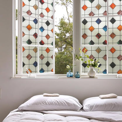 DKTIE Stained Glass Window Film Geometric Patterns, Fine Frosted Window Clings for Glass Windows, Waterproof for Bathroom Window Privacy Film Day and Night (S533, 35.4in X 118.1in)