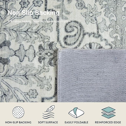 Lahome Washable Runner Rug 2x5, Bohemian Laundry Room Rug Low Pile Bathroom Runner Rugs with Rubber Backing, Printed Non-Slip Throw Carpet Runners for Kitchen Hallway Bedside, Beige