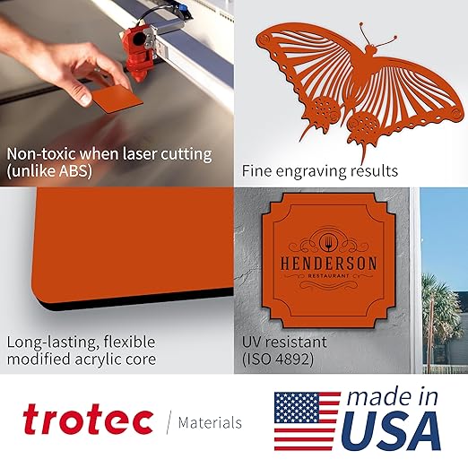Trotec TroLase | 12"x20"x1/16", 4 Pcs | Orange/Black| 2 Ply | Modified Acrylic | Laser Engraving Double Color Plastic Sheet | Engraving Blanks for Laser, Saw, Guillotine | Made in USA