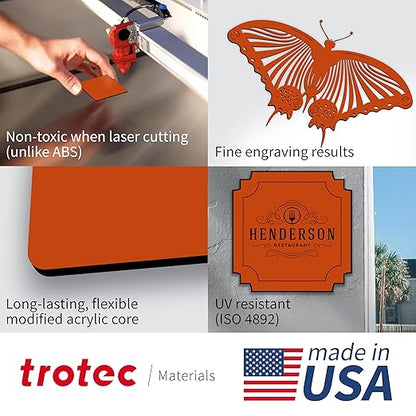 Trotec TroLase | 12"x20"x1/16", 4 Pcs | Orange/Black| 2 Ply | Modified Acrylic | Laser Engraving Double Color Plastic Sheet | Engraving Blanks for Laser, Saw, Guillotine | Made in USA