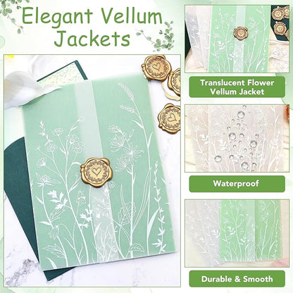 SWANGSA 50 Pack Vellum Jackets for 5x7 Invitations, Elegant White Wildflower Vellum Paper, 115GSM Translucent Invitation Sleeve Wraps for Wedding Bridal Baby Shower Birthday Envelopes