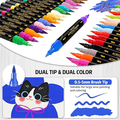 72 Colors Acrylic Paint Pens, 36 Pack Dual Tip Acrylic Paint Pens Markers for Rock Painting, Wood, Stone, Canvas, Ceramic, Glass Surfaces, DIY Crafting & Art Supplies