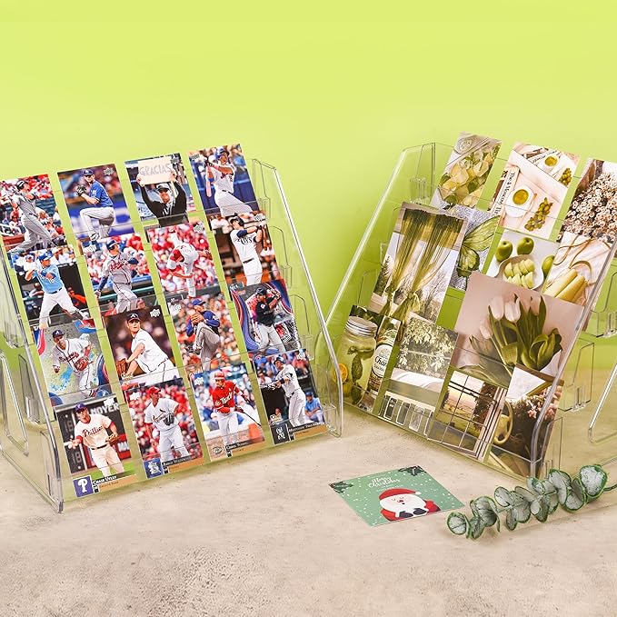 Elevated 4 Tier Clear Acrylic Card Display Stand for Trading Cards, Sports Cards, Greeting Cards, Stickers – Slanted Holder for PSA Slabs, Vendors, Collectors & Retail (4 Tier 1 Pack)