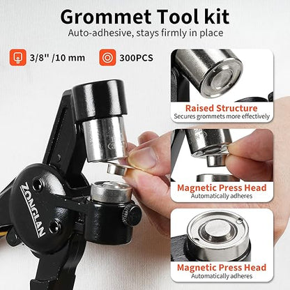 Grommet Tool Kit, 3/8 Inch Handheld Eyelet Kit Hole Punch Grommet Eyelet Press Pliers with 300 Silver Anti-Rust Grommets for Tarp Leather Fabric Tent and So On
