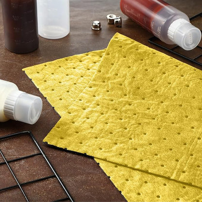 Hoolerry 100 Pcs Oil Absorbent Pads Weight Dimpled Pad Garage Accessories Water Absorbent Mat Oil Spill Mat for Absorbing Protecting Home Garage Basement (9.8 x 13 Inch,Yellow)