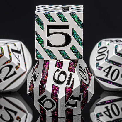 Metallic Stripes Dice with Gift Case, D&D Metal Polyhedral Dice Sets for Tabletop Games (Pearl Silver Seven Colors)