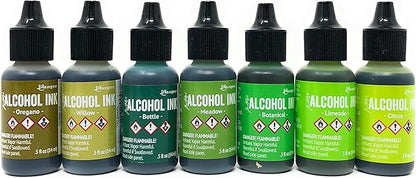 Greens Alcohol Inks Set | Tim Holtz Alcohol Inks Shades of Green 7-Pack | Willow, Citrus, Bottle, Oregano, Meadow, Limeade, Botanical | 10 Pixiss Alcohol Ink Blending Tools