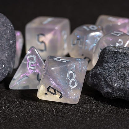7-Die DND Dice Set Polyhedral Dice Set with Leather Bag D&D Dice Set for RPG Table Games (Transparent w/Glitter)