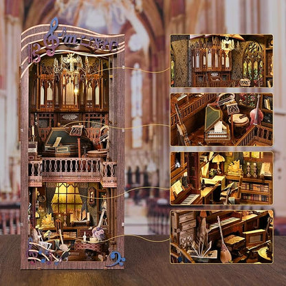Book Nook Kit Music, DIY Miniature House Kit Book Nook, 3D Wooden Puzzle Bookshelf Insert Diorama Kit with Led Light for Teens and Adults (Timeless Melody)