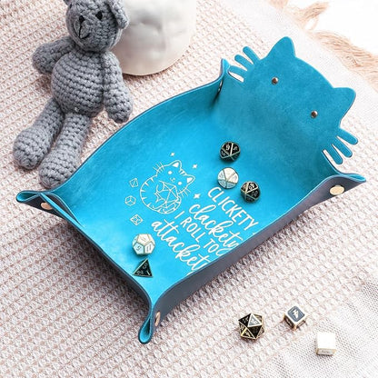 Blue Cat Dice Tray Novelty Purple Cat Shape PU Leather Dice Tray for Rolling Portable Dice Holder Desk Organizer DND Accessories Unique Gift for RPG Game Players