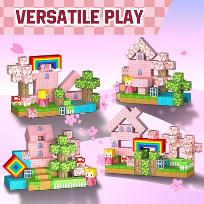 100PCS Magnetic Blocks - Princess Castle Building Forest World Set, STEM Sensory Gifts for Princess, Creative Kids Games, Building Toys for 3+ Years Old Girls, Magnets Game for Toddler (Pink)