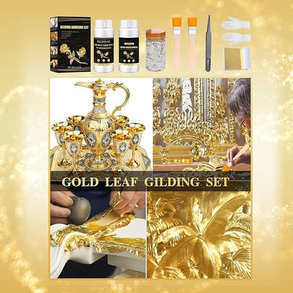 Gilding Adhesive Set Gold Leaf Sheets for Art 100ml Water Based Metal Leaf Glue and 100ml Varnish, Gold Foil Sheets for Crafts 100 pcs, 2 Brushes and 1 Sheet Tweezers
