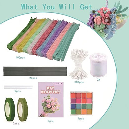 Pipe Cleaners Craft, 400pcs Pipe Cleaners with Flower Stems, Floral Tape, Ribbon, for Flower Bouquet DIY-Colorful