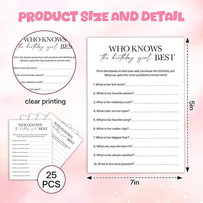 Birthday Party Games, Who Knows Her Best, 25 Pcs Card Set for Guests, Fun Birthday Game for Teen Adults – A05