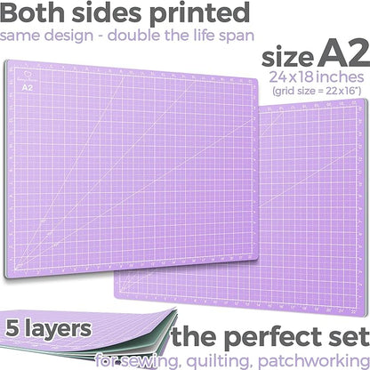 Rotary Cutter Set lavender - Quilting Kit incl. 45mm Rotary Cutter, 5 Replacement Blades, A2 Cutting Mat, Acrylic Ruler and Craft Clips - Ideal for Crafting, Sewing, Patchworking, Crochet & Knitting