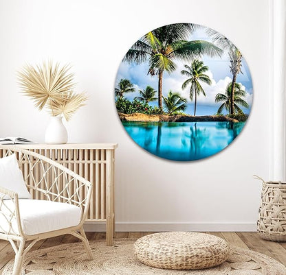 My Photostation.com Round 24'' Island & Blue Sea Glass Wall ArtTempered Glass Printing Wall Decor Large Wall Art Wall Hangings