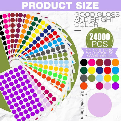 Thenshop 24000 Pcs 1/2 Inch Round Colored Circle Dot Sticker Label 20 Assorted Colors Adhesive Circle Dot Label Coding Sticker for Coloring Marking Organizing
