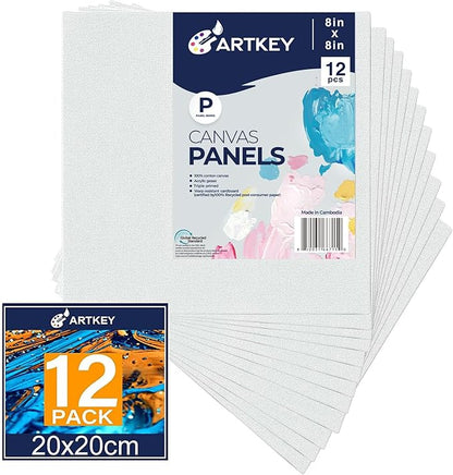 Canvas Panels 8x8 Inch 24-Pack, 10 oz Primed 100% Cotton White Blank Small Canvases for Painting, Square Flat Canvas Board for Oil Acrylics Watercolor & Tempera Paints
