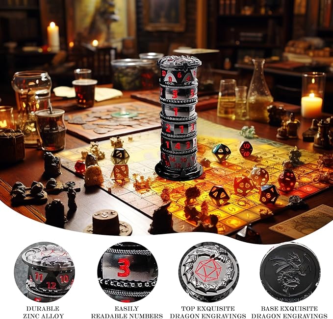 DND Dice Spinner Tower Set - Unique D4 D6 D8 D10 D10% D12 D20 All in One D&D Metal Dice - Cool Role Playing Gifts for Dungeons and Dragons TRPG MTG Games Lover Player (Tower-Black Nickel Red)
