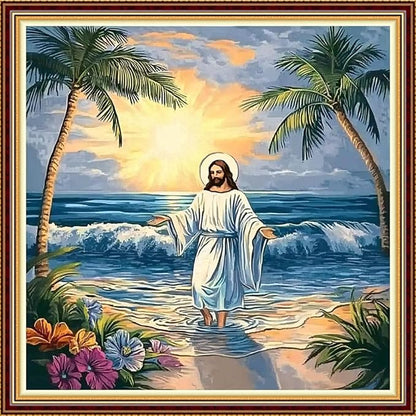 Hopeart Stamped Cross Stitch Kits for Beginner Embroidery Kits for Beginners Adults DIY 11CT Cross Stitch Patterns Needlepoint Kits Crossstitching Kits-Jesus Coconut Tree 18x18 inch
