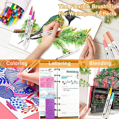 Caliart 34 Double Tip Brush Pens Art Markers, Artist Fine & Brush Pen Coloring Markers for Adult Book Cards Drawing Craft Kit Teacher Office Supplies