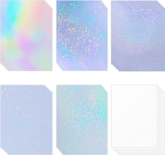 36 Sheets Holographic Sticker Paper Waterproof 8.5" x11'' Clear Vinyl Sticker Sheets Self-Adhesive Rainbow Overlay Sheets with 6 Styles Mixed