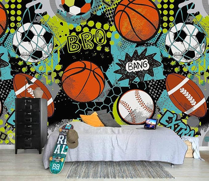 AFZEVEB-Colorful Graffiti Wallpaper Hand-Painted Ball Wall murals for Kids Room 159"x107"(Not Peel and Stick)