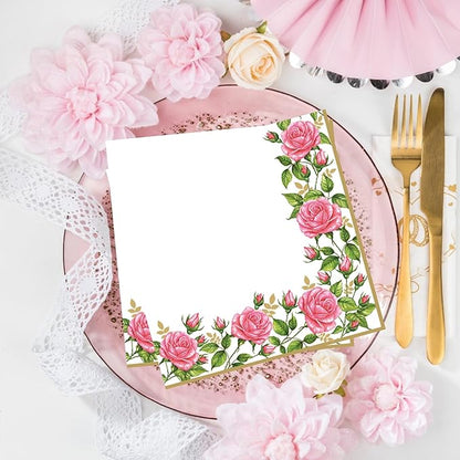 20-ct 13x13 Flowers Paper Luncheon Decoupage Napkins, 3-Ply Servilletas Printed Flower Border Cocktail Napkin for Art, Dinner and Party, Disposable Napkins Decor