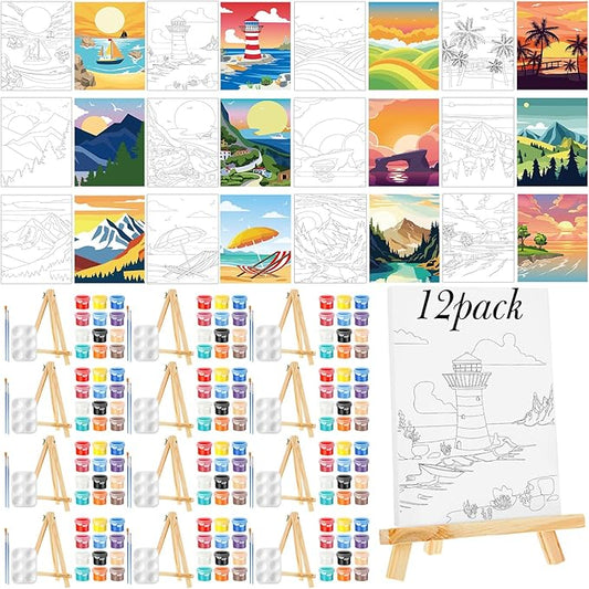 Zhanmai 12 Pack Pre Drawn Canvas for Painting Sip and Paint Kit 8" x 10" Paint Party Set Canvas Painting Pre Printed Canvases for Party Favor DIY Virtual Adult's Date Night(Landscape)
