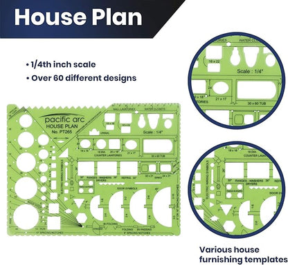 Pacific Arc House Plans Templates Guide, with Stairs, Doors, Plumbing, Kitchen Appliances, and Roof Pitch Gauge, Scale of 1/4 Inch to 1 Foot