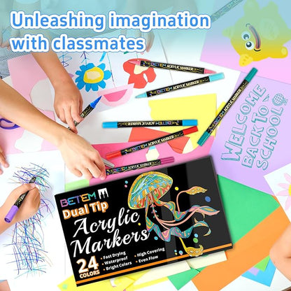 Betem Acrylic Paint Markers, Dual Tip 24 Colors Acrylic Paint Pens with Brush Tip and Fine Point, Art Supplies for Rock, Wood, Canvas, Stone, Glass, Ceramic, Rock Painting DIY Crafts Making Drawing