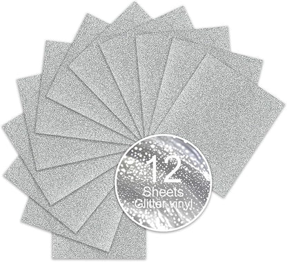 Silver Glitter Heat Transfer Vinyl, 12 Pcs 12"x10" Iron-On Vinyl Sheets – Easy to Cut & Weed, No-Flake, Washable Glitter HTV, Compatible with Cricut & Silhouette – Great for DIY Summer Projects