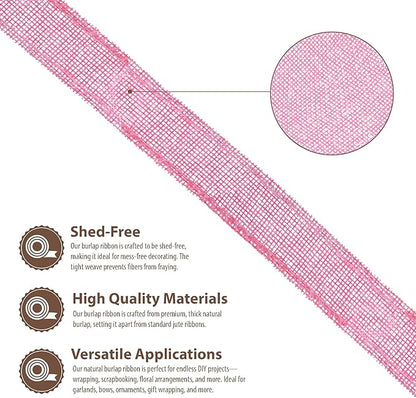 Mandala Crafts Pink Burlap Wired Ribbon 1 Inches Wide Jute Ribbons for Crafts - 10 Yds Roll Rustic Burlap Wrap Trim Ribbons for Wreaths Bows Party Decoration