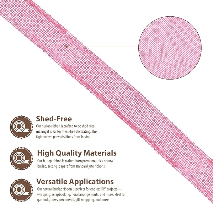 Mandala Crafts Pink Burlap Ribbon 1 Inch Wide Jute Ribbons for Crafts - 20 Yds Roll Rustic Burlap Wrap Trim Ribbons for Wreaths Bows Wedding Party Decoration