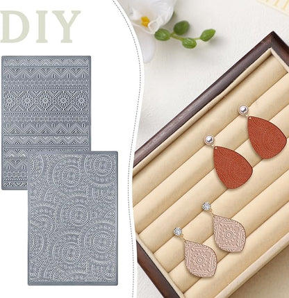 12 Pcs Polymer Clay Texture Sheets Mat Works with Polymer Clay Cutter Embossin Roller DIY Tools for Pottery Earrings Jewelry Making DIY Craft Supply